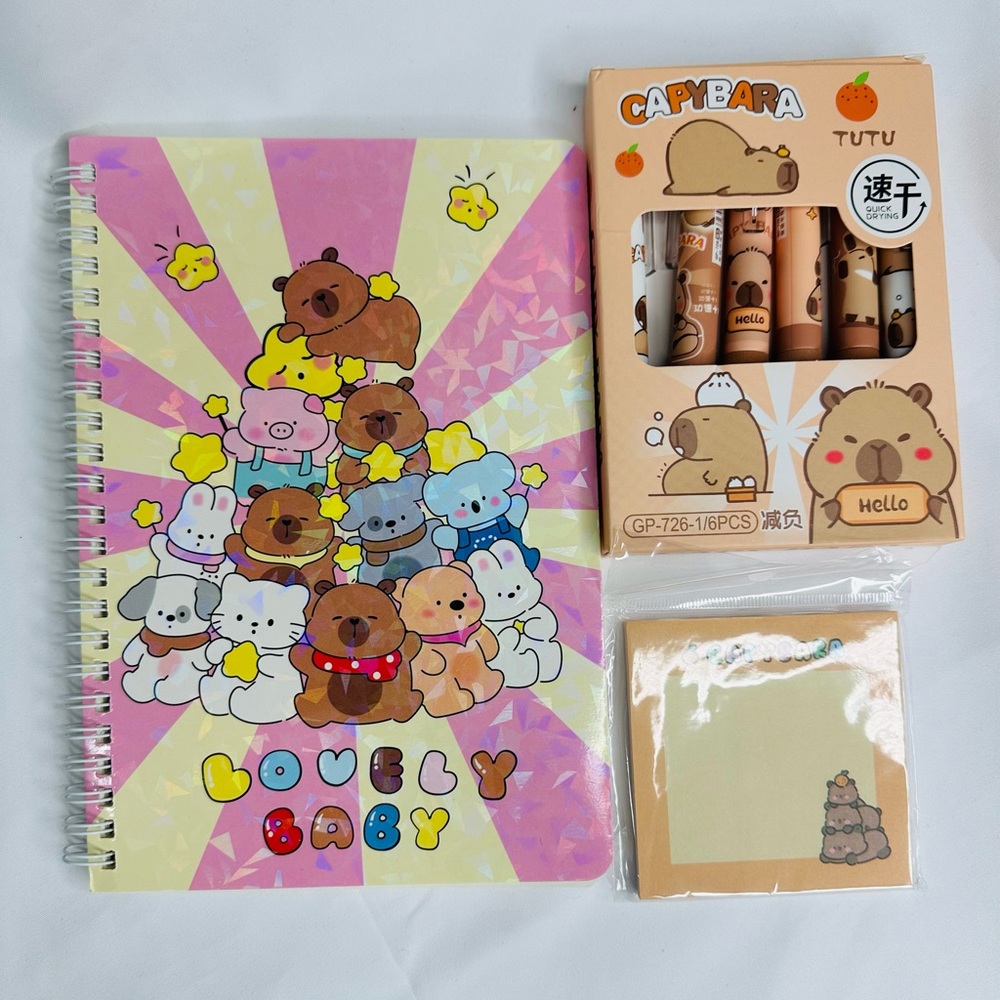 Capybara Bear Stationery Set with Notebook and Pens & Post it Notes